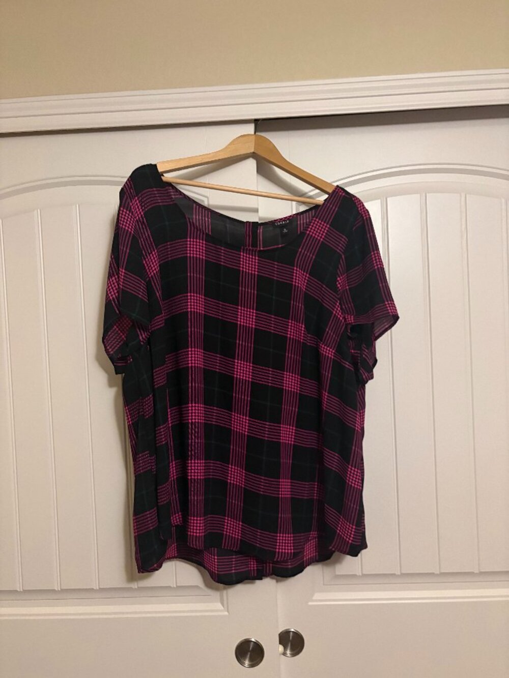 Torrid Abbey Georgette Blouse Torrid Size 3 US Size 3X Sheer Plaid Short Sleeve